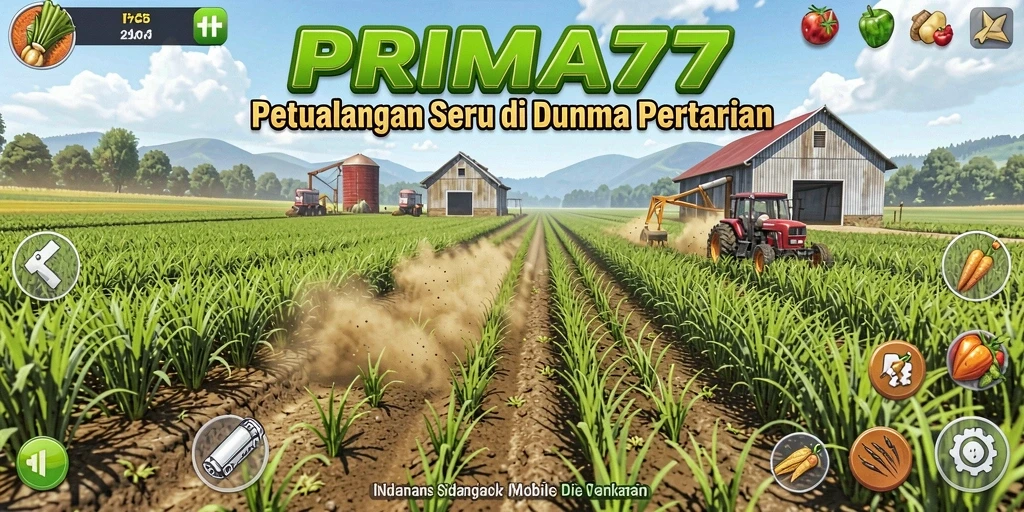 Tampilan dinamis gameplay PRIMA77 dengan aktivitas bertani seru.